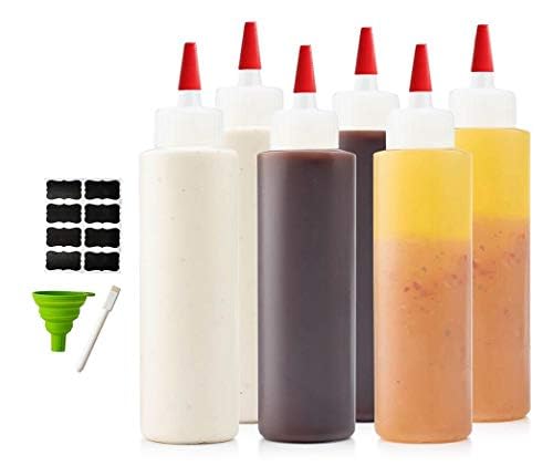 6-Pack Condiment Squeeze Bottles for Sauces - Includes Funnel, Erasable Marker & Reusable Labels, Perfect for Salad Dressings, Liquids, and Ketchup, Durable Plastic 8 oz Bottles