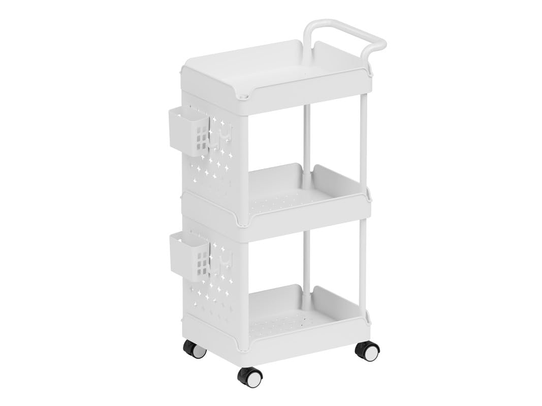 SEVVY - 3-Tier Platic Storage Utility Rolling Cart with Removable Pegboard, Hooks & Utility Handle - Multi use - for Home and Office - White