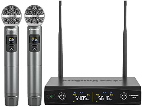 Phenyx Pro Wireless Microphone System, Metal Wireless Mic Set with Case,Handheld Cordless Dynamic Microphones for Singing, Karaoke, Church, DJ, 2x30 UHF Adjustable Frequencies,200ft Range (PTU-52-2H)