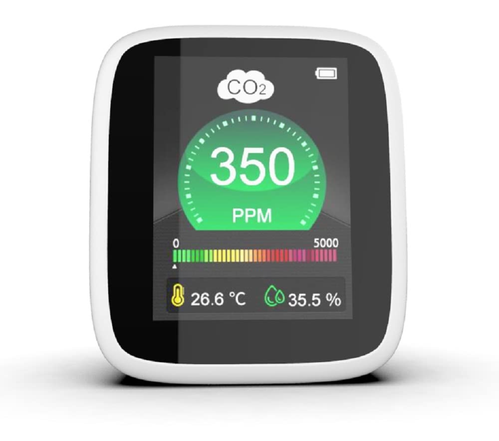 CO2 Carbon Dioxide Air Quality Monitor, Pollution & Ventilation Meter, Tester; Detect & Test Indoor Air Ventilation Levels with CO2 PPM Levels, Temperature and Humidity Sensor Readings on LED Screen