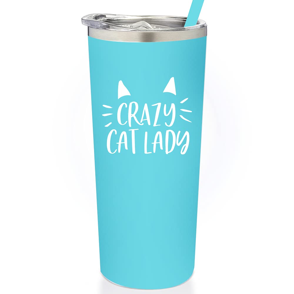 Cat Tumbler - Stainless Steel Vacuum Insulated Crazy Cat Lady Travel Mug with Lid and Straw - Cat Themed Mug For Cat Lovers - New Cat Mom Cup For Women - Valentines Day Cat Mug - Cat Insulated Tumbler