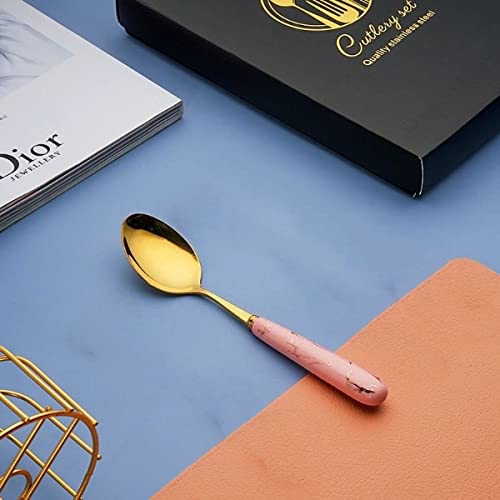 Litvibes Ceramic Set of 4 Stainless Steel Creative Tableware Modern Designer Dessert Spoon,Coffee,Sugar,Tea,Stirring Mixing Spoon,Cake & Ice Cream Spoon,Stir Bar Gold Spoon- (Pink)