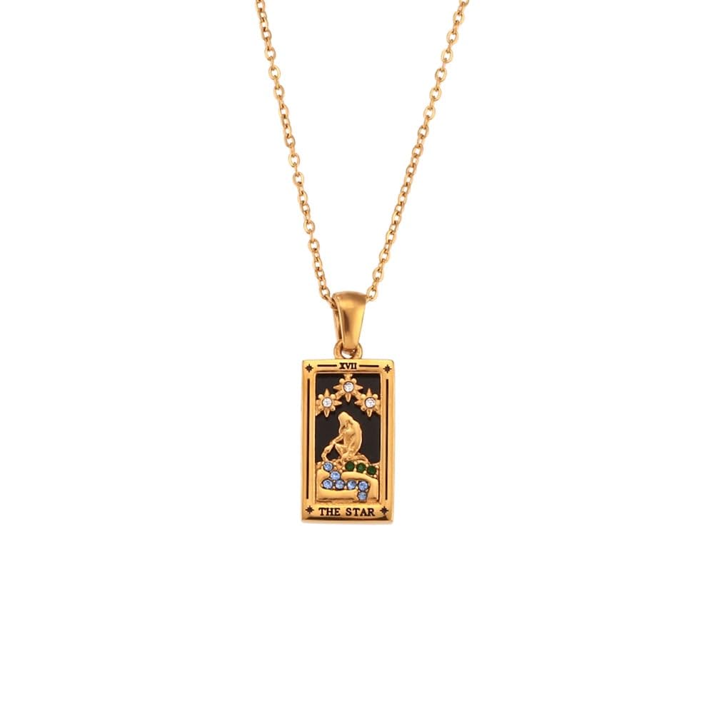 CERAVI Colorful Tarot Cards Symbolic Necklaces, Sun and Moon Pendant,18k Gold Plated Stainless Steel Square Colorful Enamel Tarot Cards Pendant Necklace Jewelry for Women Men