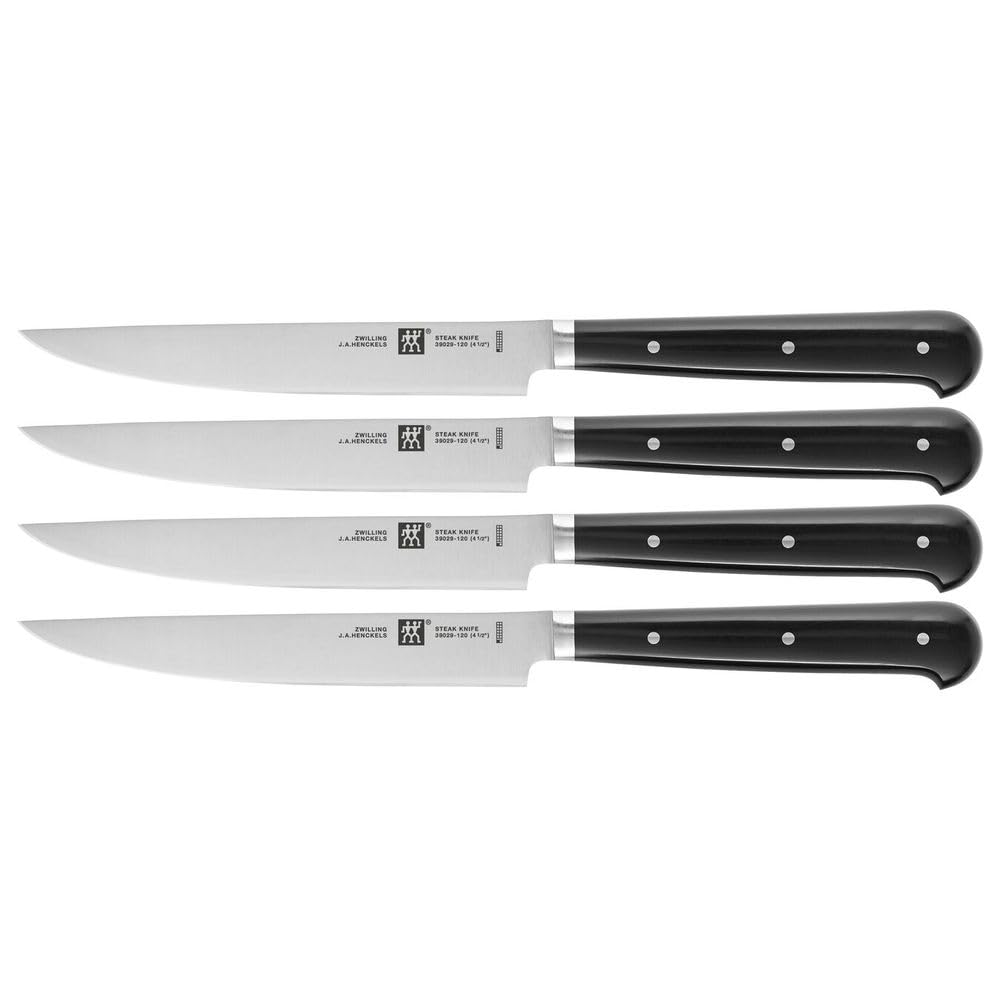 Zwilling Steak Knife set. Special Formula stainless steel straight edge knives. Ergonomic handles with three rivets. Set Contains: 4 steak knives, 25 x 14 x 3 cm