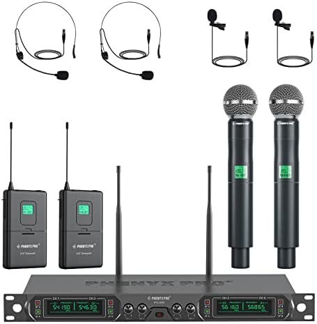 Phenyx Pro Wireless Microphone System, 4-Channel UHF Wireless Mic Set with Handheld/Bodypack/Headset/Lapel Mics, Fixed Frequency Metal Cordless Microphone for Church,Singing,DJ(PTU-5000-2H2B)