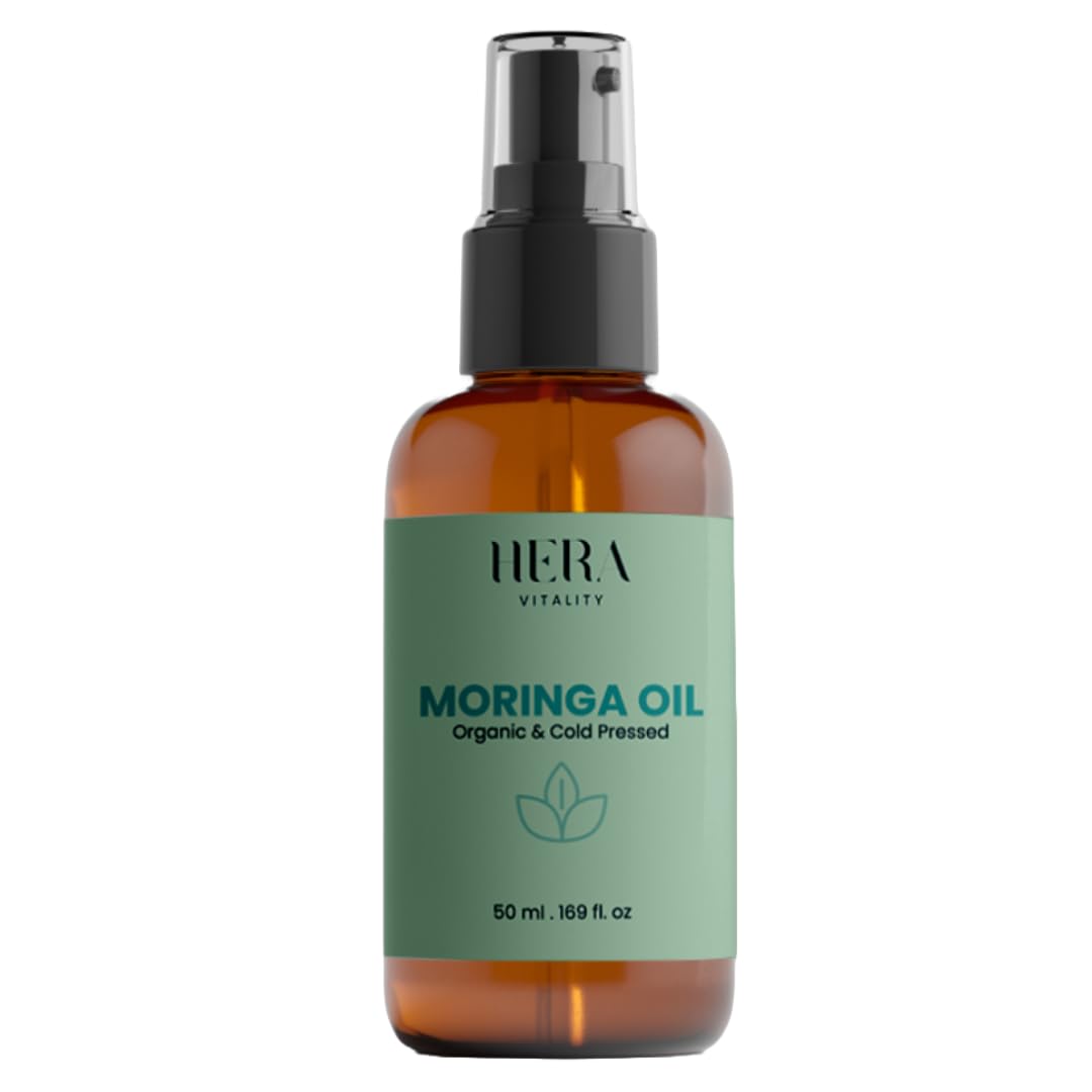 Organic Moringa Seed Oil, Natural Pure & Cold Pressed 100% Unrefined, For Face, Hair, Dry Skin, Body & Shaving. Acne Scars Stretch Marks Treatment, 50ml HERA Vitality