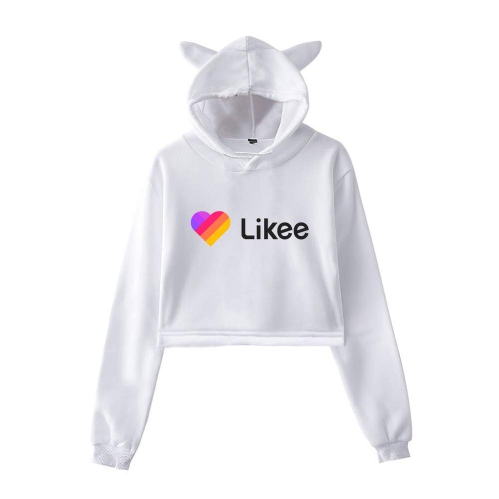 Cat Ear Pink Likee App LIKEE Hoodies Women Cat Crop Top Hoodie Female Rainbow Sweatshirt Trendy Streetwear Hip Hop (White3,XXL)