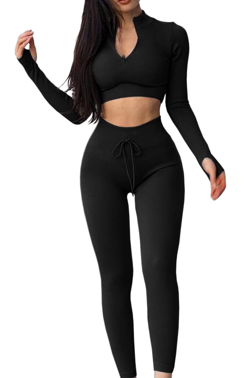 Workout Sets for Women 2 Piece Seamless Long Sleeve Crop Tops Ribbed High Waist Leggings