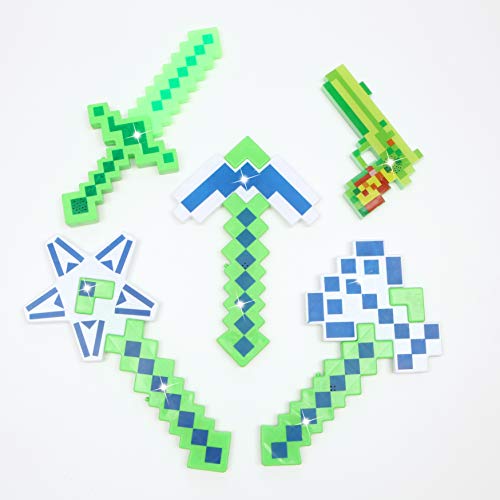 8 bit gun - Set of 5 DIAMOND Pixel Weapons LED Light Up Pixel Battle Toy for Boys and Girls - 8 Bit Pistol Deluxe STYLE with LED Light up and FX Sounds -Sword Axe Pickaxe Star and Gun-3 Colors for Chioce (Green)