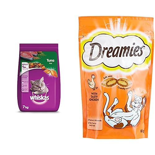 WhiskasTuna Dry Food, Bag of 7kg + Dreamies Cat Treats, Chicken, 60G X 6