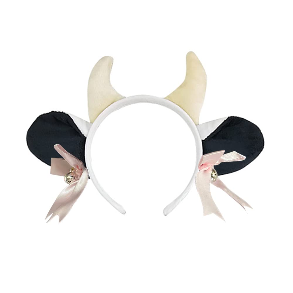 Sheicon Cow Ears and Horns Headband Milk Headwear Elastic Hair Hoop For Cosplay Halloween Costume Color Black with Bells