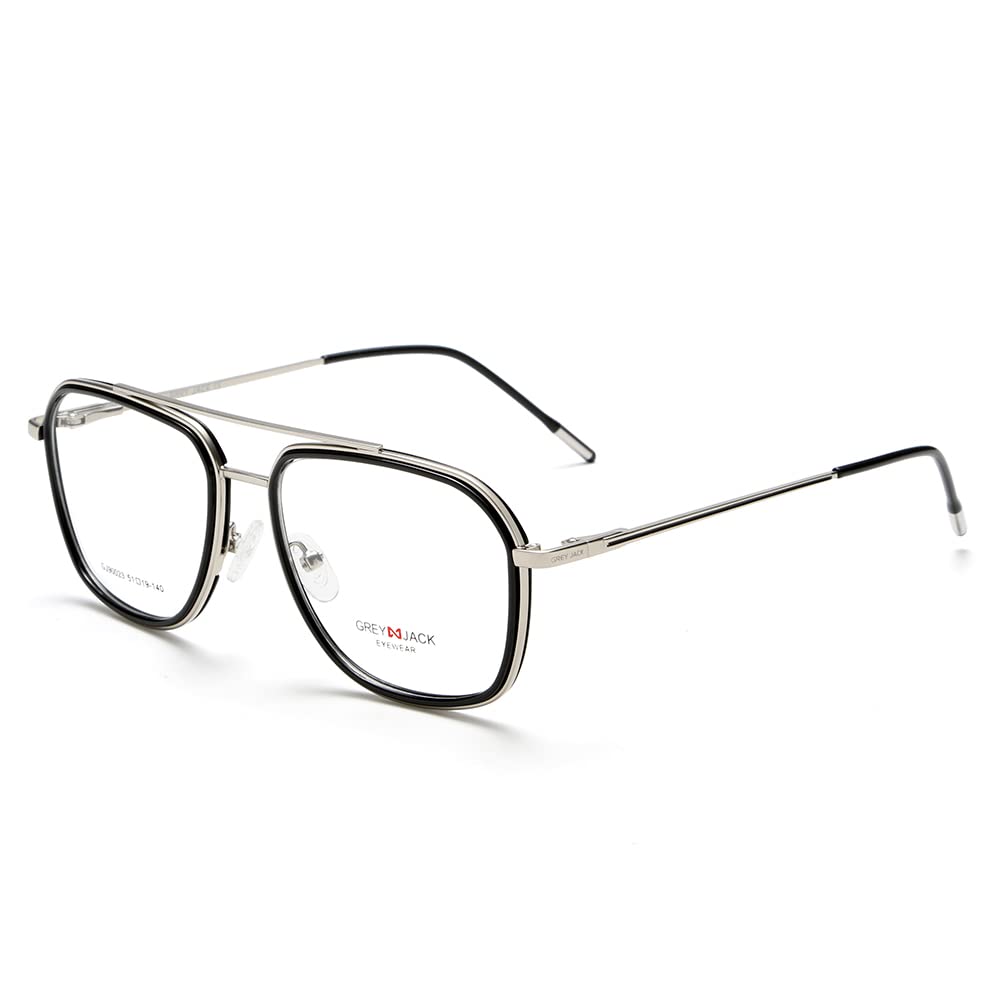 grey jackMetal Rectangle Spectacle Frame Full Rim Glasses Frame for Men Women 90023, Silver Black, M