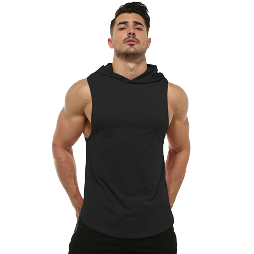 Men's Workout Hooded Tank Tops Sleeveless Gym Hoodies Bodybuilding Muscle Cut Off Shirt Gym