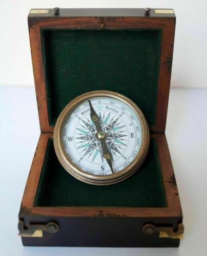 Vintage Nautical Antique Brass Stanley London Compass with Rosewood Wooden Box