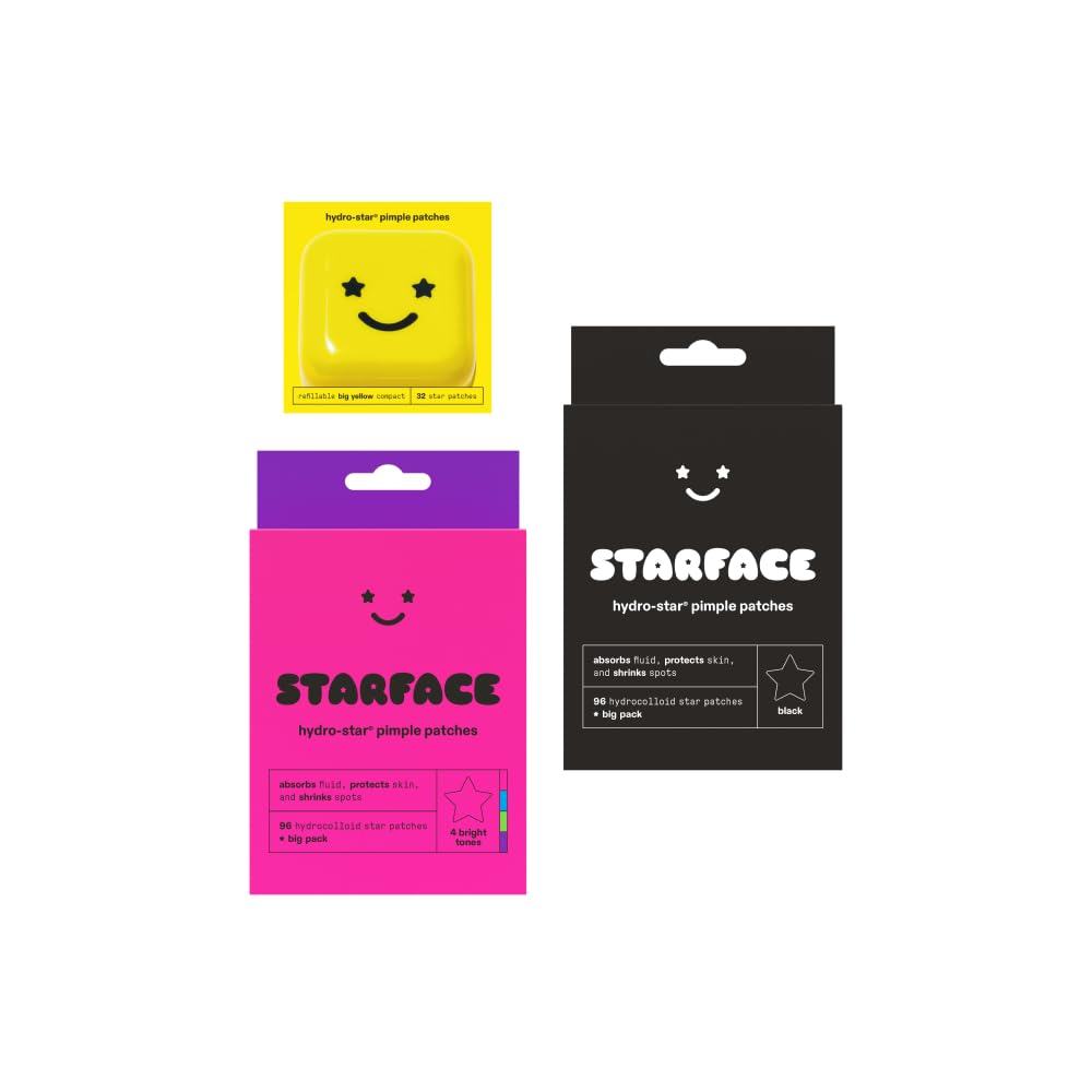 Starface Hydro-Star Hydrocolloid Pimple Patches (32 ct) with Big Yellow Compact, Party Pack Colorful Pimple Patches Big Pack (96 ct), and Black Star Pimple Patches Big Pack (96 ct)