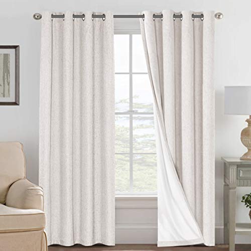 H.VERSAILTEX 100% Blackout Curtains Linen Textured Blackout Curtains for Bedroom Full Light Blocking Thermal Insulated Curtain Panels 84 Inches Long Energy Saving with White Liner, 2 Panels, Ivory