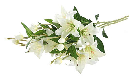 Gumolutin 3 Pcs Long Stem Artificial Lilies Flowers Fake Silk Full Bloom Lily for Home Table Centerpieces Arrangement Wedding DIY Decoration White