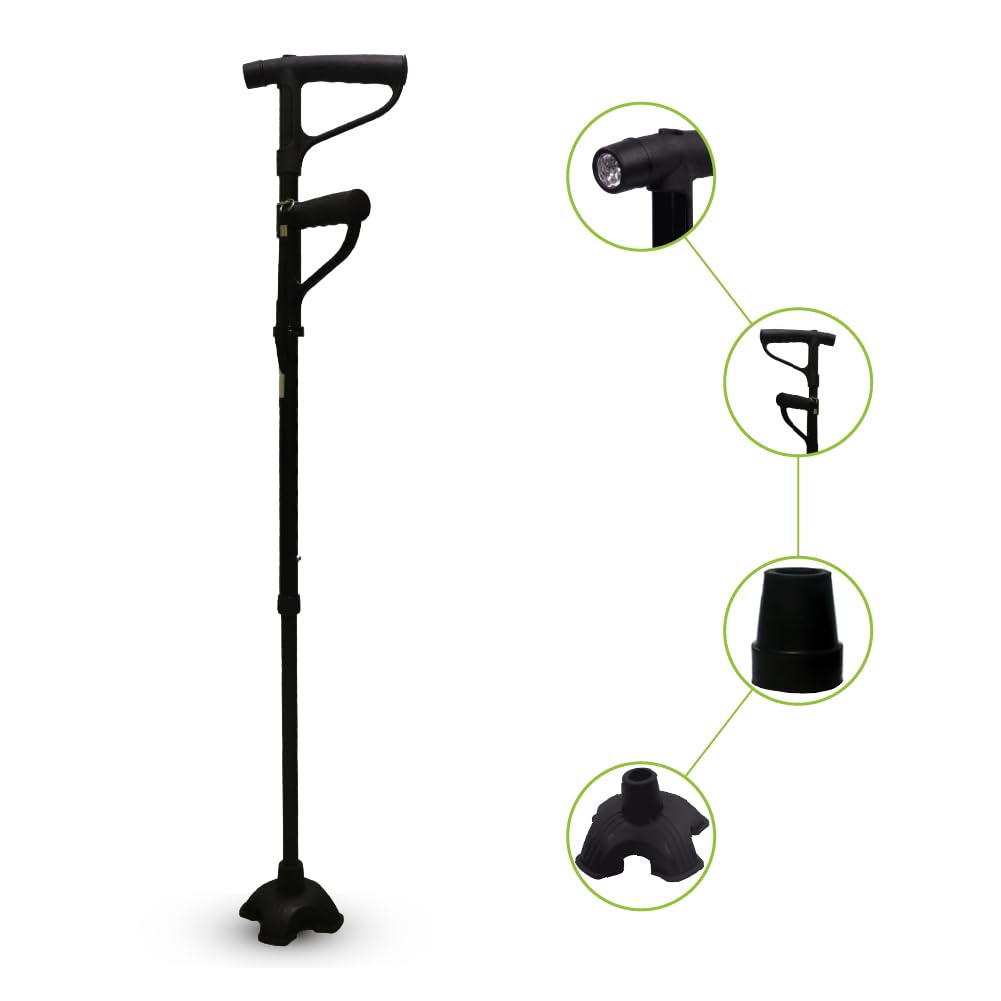 Rehamo Lightweight Walking Stick Canie QMF with Built-in LED Light, Adjustable Height, Dual Handles for Sit to Stand Help | Walking Cane with 2 Bushes for Old Age & Post-Op with 1 Year Warranty