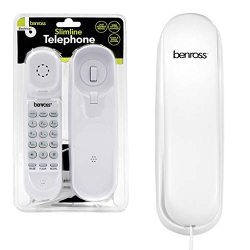 Benross 44560 Slimline Corded Telephone/Landline Phone for Home & Office/Table or Wall Mounted/Last Number Redial Feature/Flash & Pause Buttons/White Colour