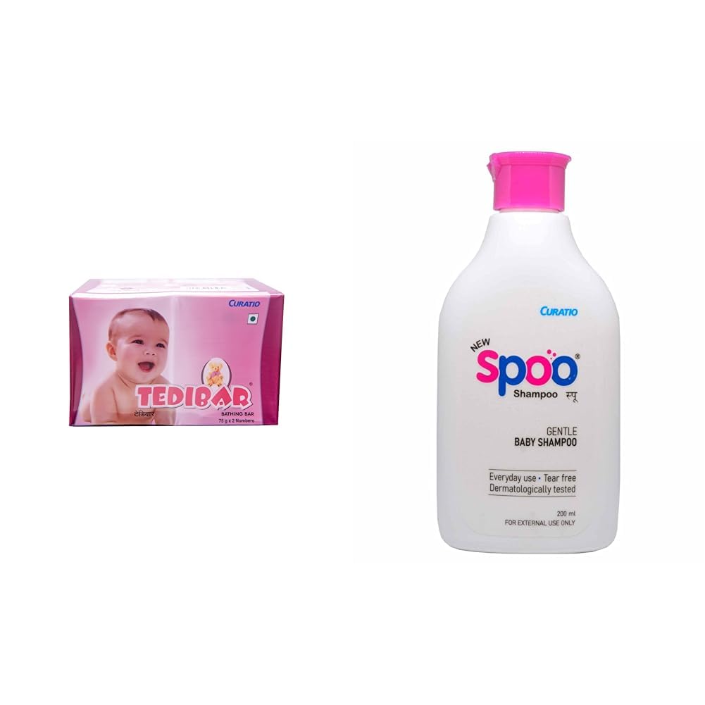 Tedibar Moisturising Baby Bathing Bar 75gx2 (Pack of 1) + Spoo Gentle Baby Shampoo 125ml No Tears - By Torrent Pharma