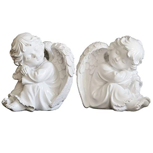 KiaoTimeSet of 2 Resin Adorable Cherubs Angels Statues Figurine Guardian Sleeping Angel Garden Wings Angel Sculpture Cute Little Angel Collection Angel Memorial Statue