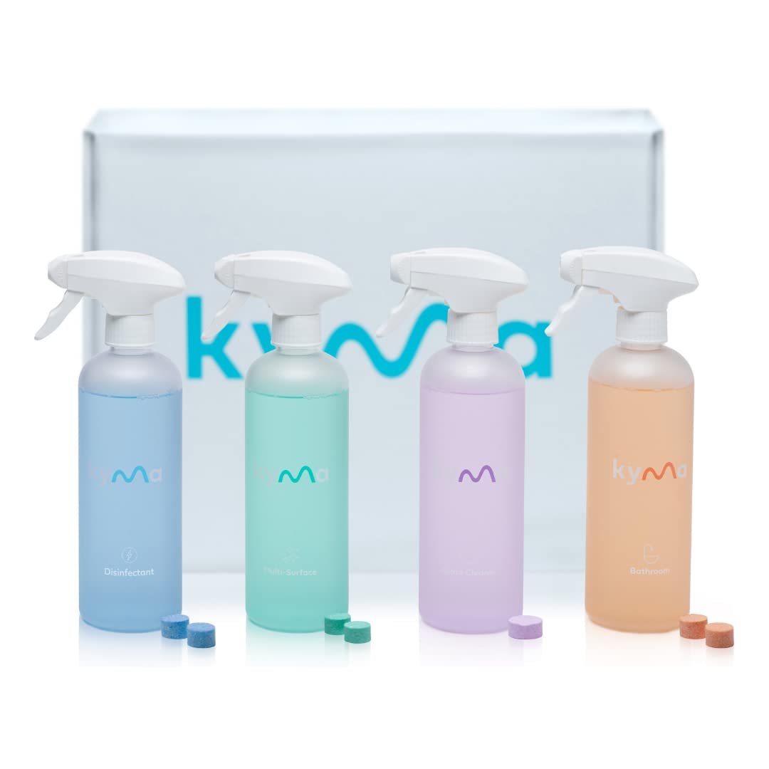 Kyma Fab Four, 4 Refillable Bottles + 4 Refills, 2L (Makes 1x 500ml Disinfectant + 1x 500ml Multi-Surface Cleaner + 1x 500ml Glass Cleaner + 1x 500ml Bathroom Cleaner)