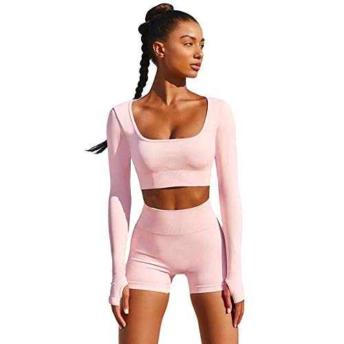 Sports Top and Shorts Long Sleeves Tracksuit Sportswear Two Piece Set Soft Cotton Stretch Fitness Running for Women