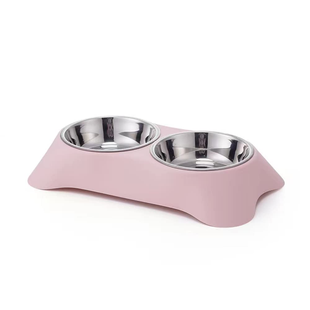 Angeer Double Dog Bowl, Stainless Steel Double Bowl, Anti-slip, Anti-spill And Removable (L, Pink)