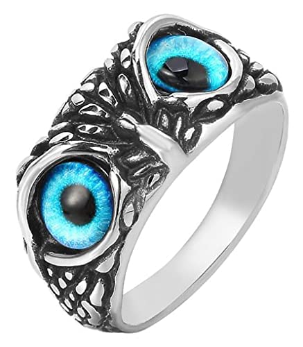 AZYOUNG Unisex 316L Stainless Steel Relief Surface Vintage Blue Eyed Owl Ring,Size 6-10, Metal, No Gemstone