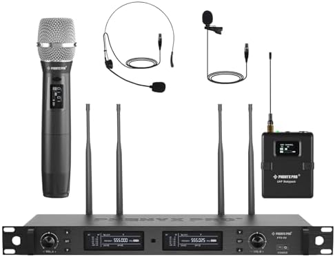 Phenyx Pro Wireless Microphone System, True Diversity Dual Cordless Microphone Set w/UHF HandheldMicrophone/Bodypack/Headset/Lapel Mics, Auto Scan, 2x1000 Channels for Stage & Studio (PTU-2U-1H1B)