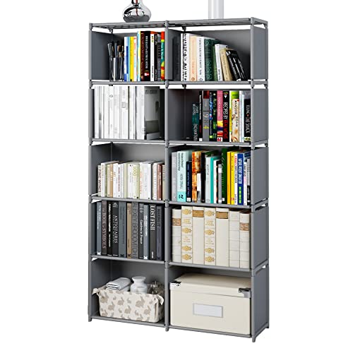 MOYIPIN Bookshelves, Assembled Storage Rack, Bedroom Living Room Vertical Cabinet Bookshelf, Double Row 10-Grid Multi-Functional Storage Equipment (Grey)