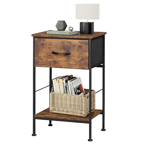 WLIVE Nightstand, Bedside Side Table for Bedroom, Dorm with Steel Frame, Night Stand End Table with Fabric Storage Drawer, Easy Assembly, Rustic Brown Wood Grain Print, 11.73''D 15.67''W 25.03" H