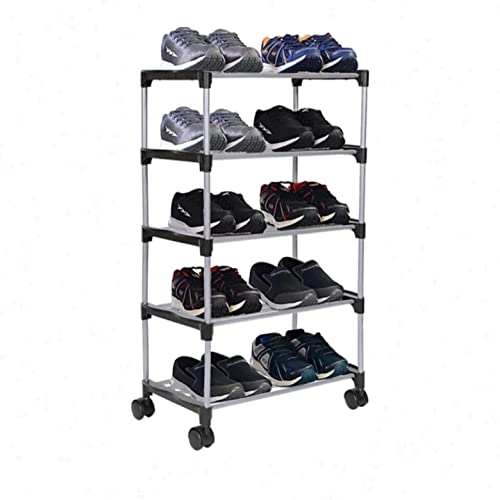 MKW HEAVY DURABLE , PREMIUM STAINLESS STEEL , FOLD ABLE , SPACE SAVING (MADE IN INDIA) MULTI-PURPOSE 5 SHELVES SHOE RACK WITH WHEELS (COLOR OF CONNECTORS MAY BE VARY BLUE OR BLACK)