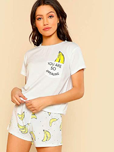 SheInBanana Print Pocket Front Top With Shorts Pajama Set