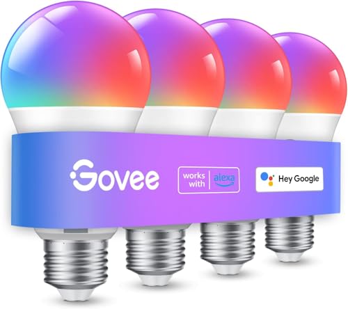 GoveeSmart Light Bulbs, Color Changing Light Bulb, Work with Alexa and Google Assistant, 16 Million Colors RGBWW, WiFi & Bluetooth LED Light Bulbs, Music Sync, A19, 800 Lumens, 4 Pack