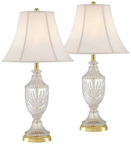 Regency Hill Traditional Glam Luxury Table Lamps 26.5" High Set of 2 Clear Glass Urn Brass Gold Metal White Cream Bell Shade Decor for Living Room Bedroom House Bedside Nightstand Home