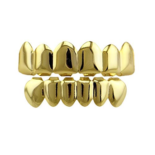 24K Gold Plated Hip Hop Teeth Grillz Punk Custom Fit Teeth Grillz Caps Top & Bottom Grill Set Removable Hip Hop Mouth Grills For Women Men Gift Halloween Party Photo Fancy Dress Accessories Gold