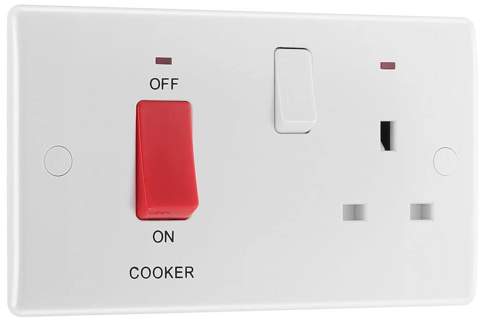 British General BG Electrical Double Pole Cooker Control Unit with Single Socket and Power Indicator, 45 Amp, White