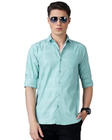 PAUL STREET 100% Cotton Full Sleeve Self-Checks Shirt for Men's (X-Large, Green)