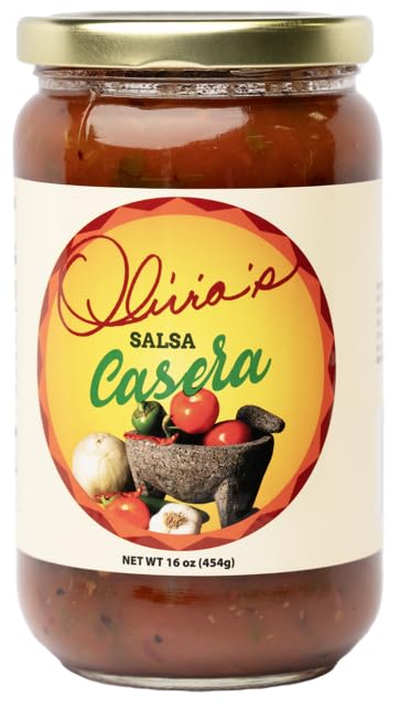 Olivia's Salsa Casera - Medium Hot Spicy Salsa Dip for Tortillas, Tacos, Nachos, Chips, Snacks, Salads - No Gluten, Made of Fresh Tomatoes & Serano Peppers- 16 Oz