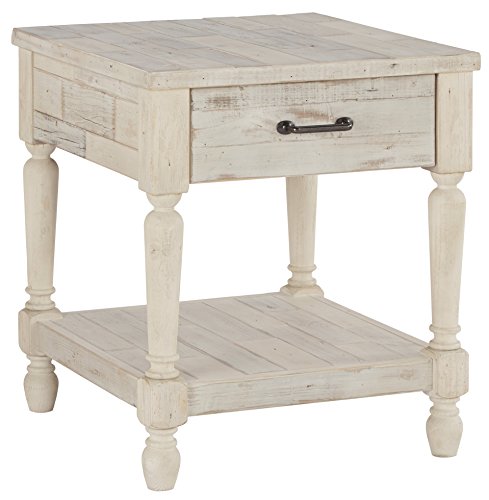 Signature Design by Ashley Shawnalore Farmhouse Solid Pine Wood End Table, Weatherworn White Finish