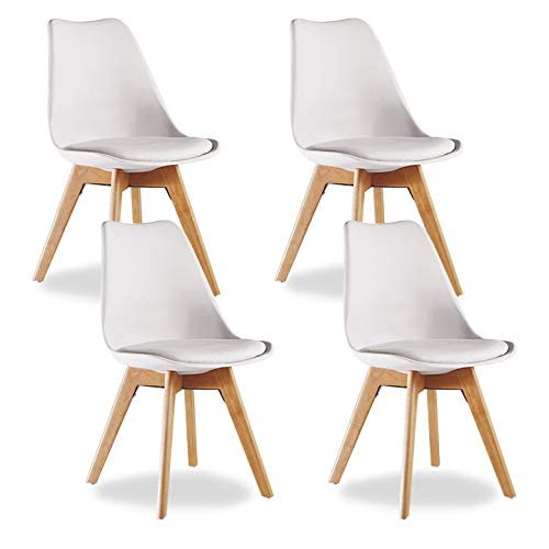 P&N Homewares® Lorenzo Tulip Chair Plastic Wood Retro Dining Chairs White Black Grey Red Yellow Pink Green Blue (SET OF 4) (WHITE)