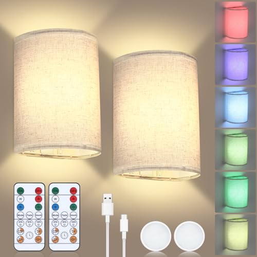 Lightess Battery Operated Wall Sconces with Remote Set of 2, RGB Rechargeable Wall Light Fixtures with Fabric Shade, Dimmable Lighting Decor for Bedroom Living Room