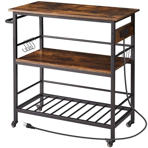 IBUYKE Kitchen Island with 3 Shelves, Island Table for Kitchen with Power Outlet,Kitchen Cart with Large Worktop,Rolling Bar Cart for Home, Outdoor, Kitchen TMJ024H