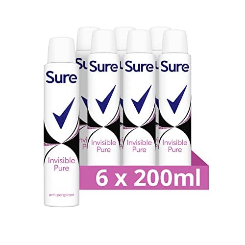 Sure Invisible Pure Anti-Perspirant Aerosol deodorant for women that protects against white marks and yellow stains for 48-hour sweat and odour protection 6x 200 ml