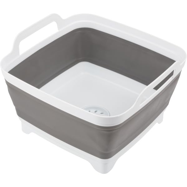 Wakeman Collapsible Wash Basin - 9L Portable Sink with Drain - Plastic Tub Dish Pan for Camping, Handwashing Laundry, or Dishes Outdoors (Gray)