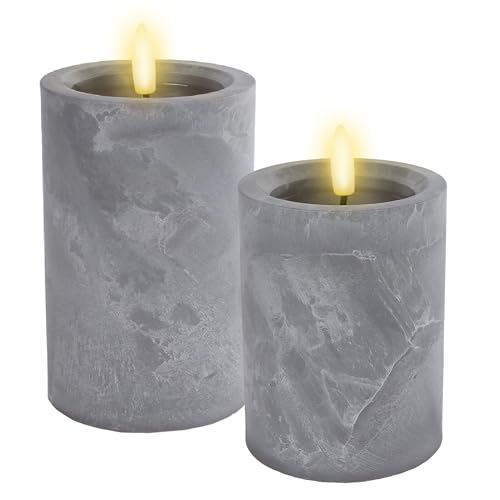 Lot de 2 bougies LED, aspect béton, blanc chaud, avec minuterie, 10/15 cm, bougies artificielles avec effet vacillant, fonctionnement à piles, pour Noël, l'Avent, l'hiver, sans flamme