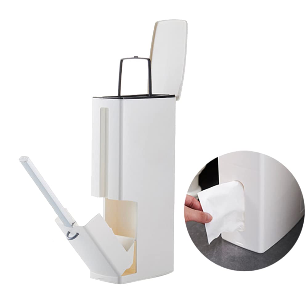 Baffect Slim Bathroom Trash Can Toilet Brush Set, 2L Small Trash Can with Lid, Waste Bin Toilet Brush Holder Garbage Bag Tissue Box Holder 4 in 1 Bathroom Kit (White)