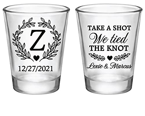 Personalized 1.75oz Glass Shot Glass “Take A Shot We Tied the Knot” Designed with an Elegant Monogram Wedding Favors