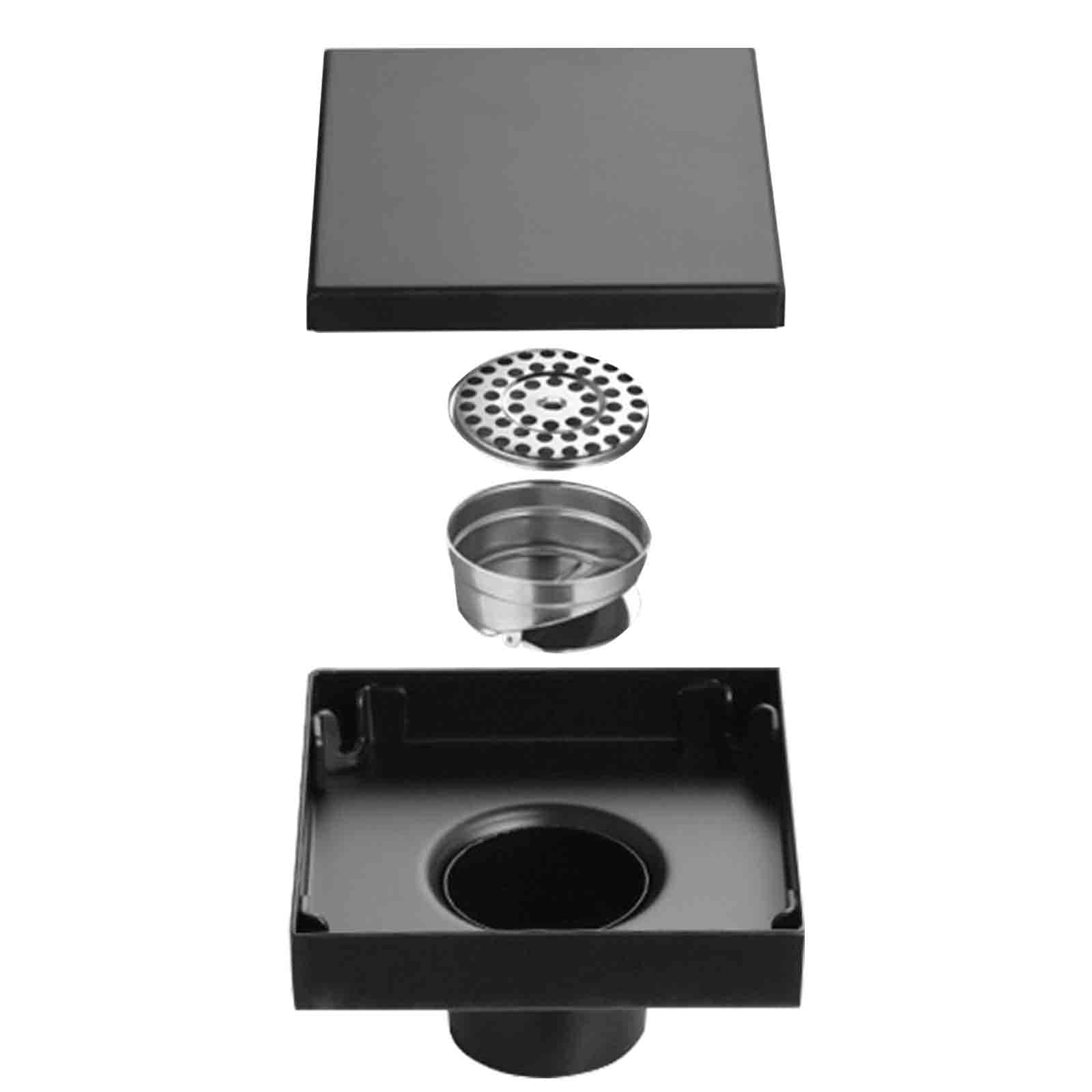 Anmas Home 6 Inch Shower Square Drain Black Floor Drain Reversible 2-in-1 Cover Tile Insert Grate Removable SUS304 Stainless Steel with Hair Filter.